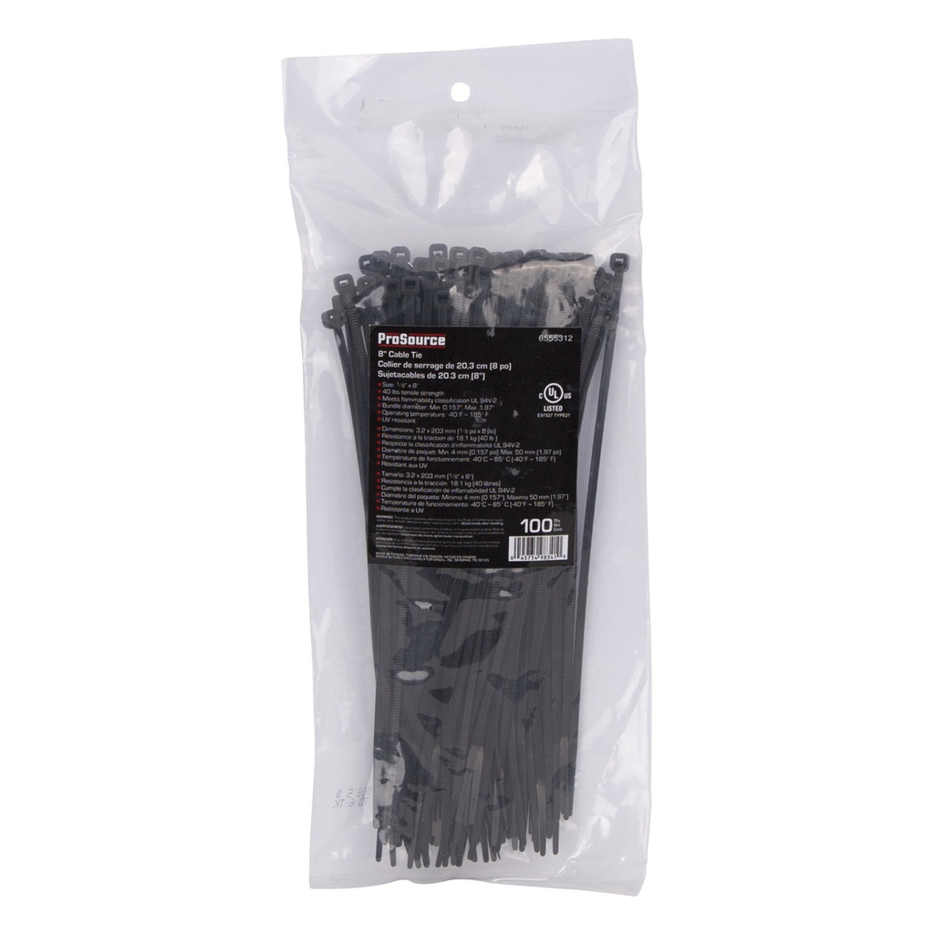 Cable Tie Black 8" 40lb PK100