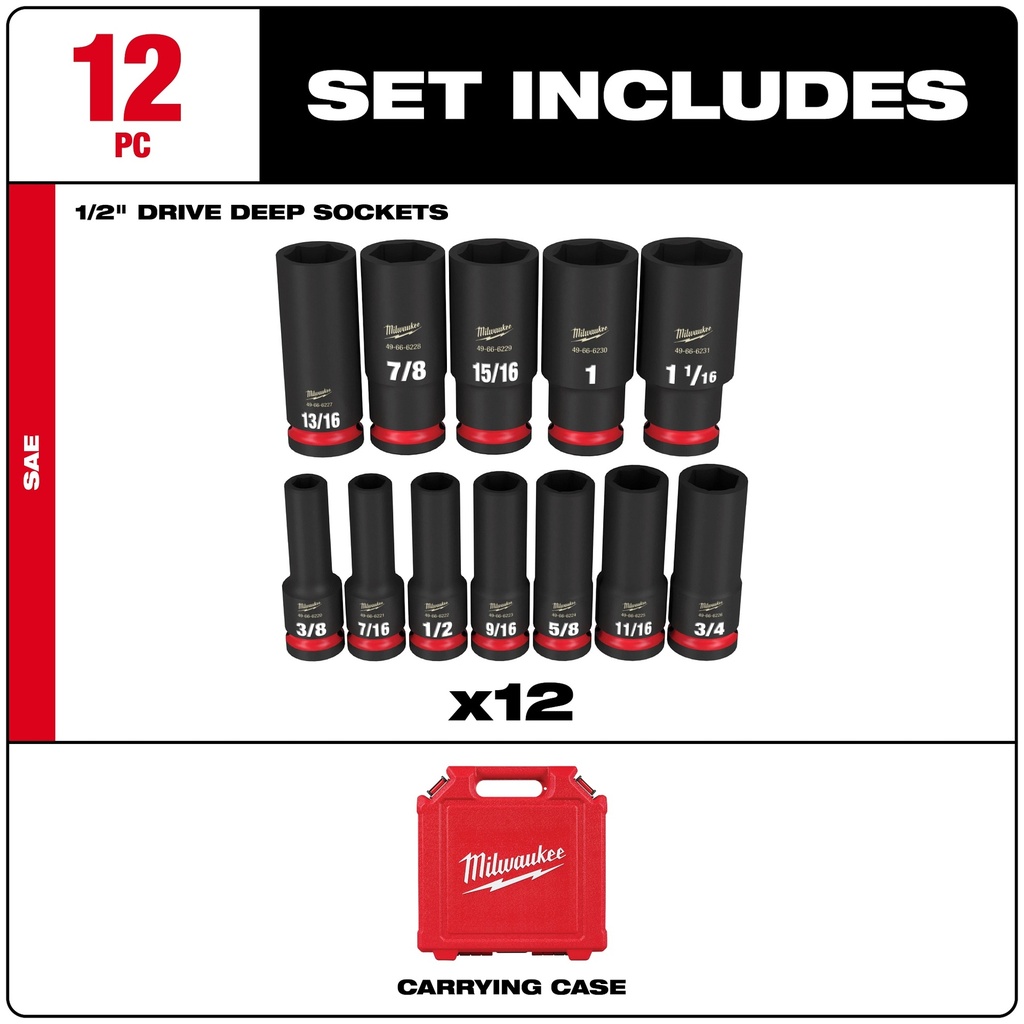 SOCKET SET 6POINT SAE DP 1/2IN