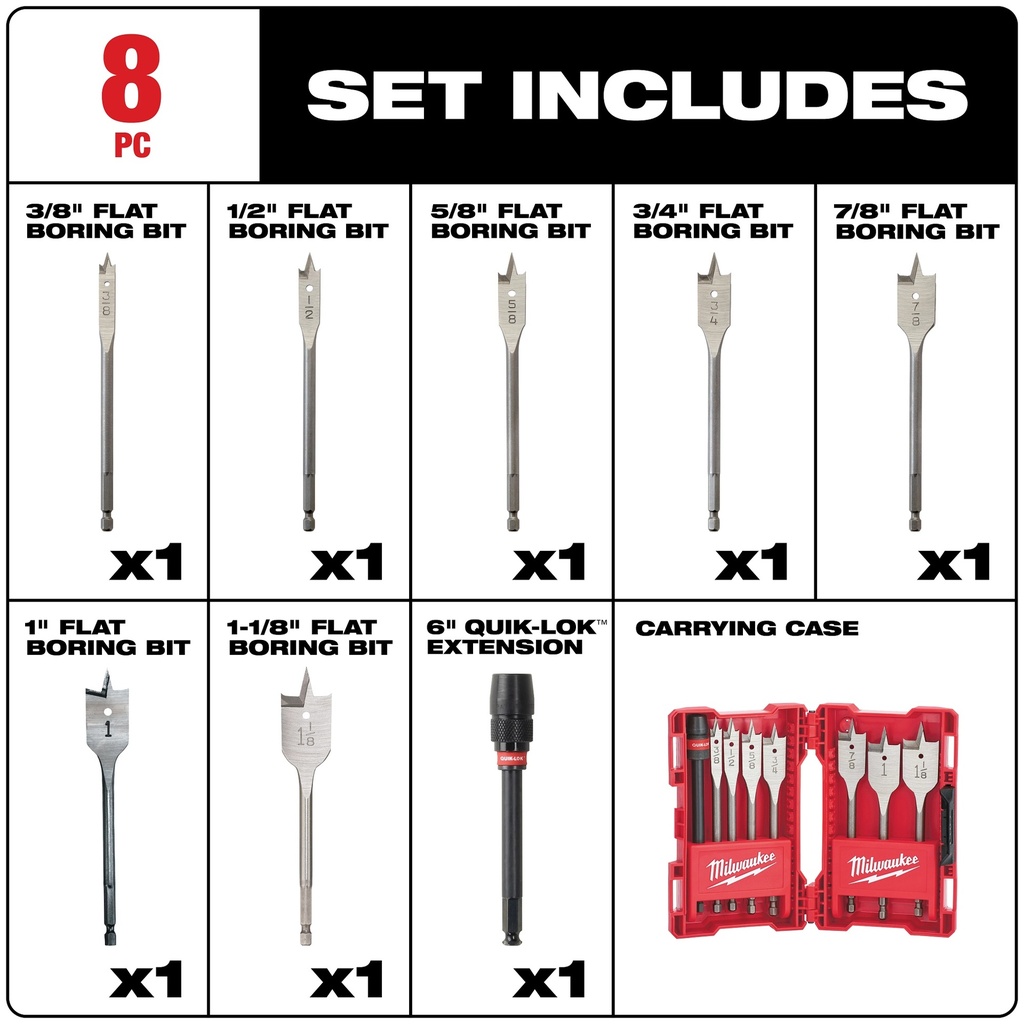8 Pc Flat Boring Bit Set 49-22