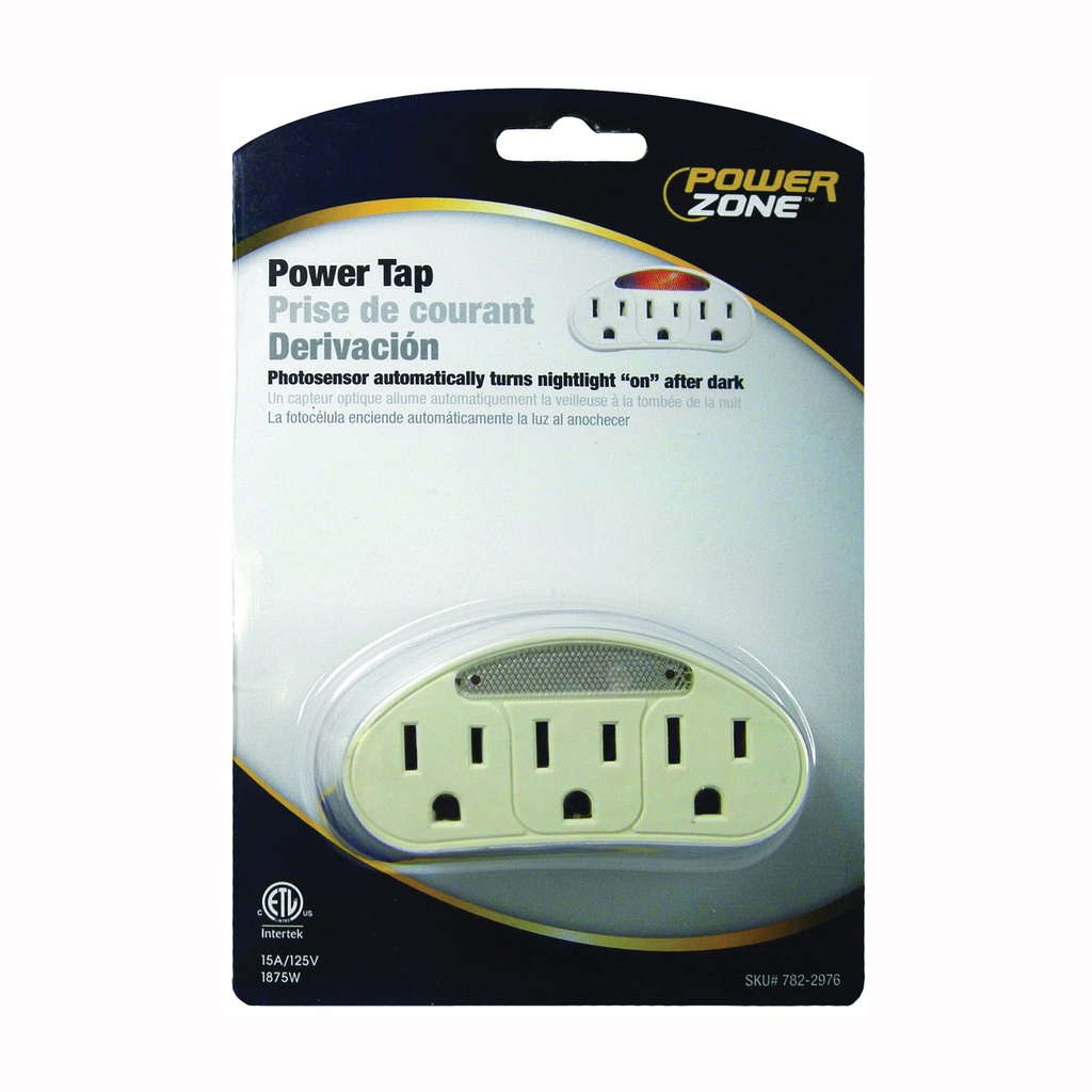 Power Tap 3 Outlet w/Night Light White