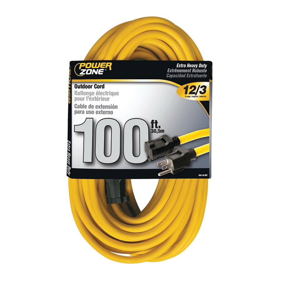 Extension Cord 12/3AWG 100ft Outdoor 15A Yellow