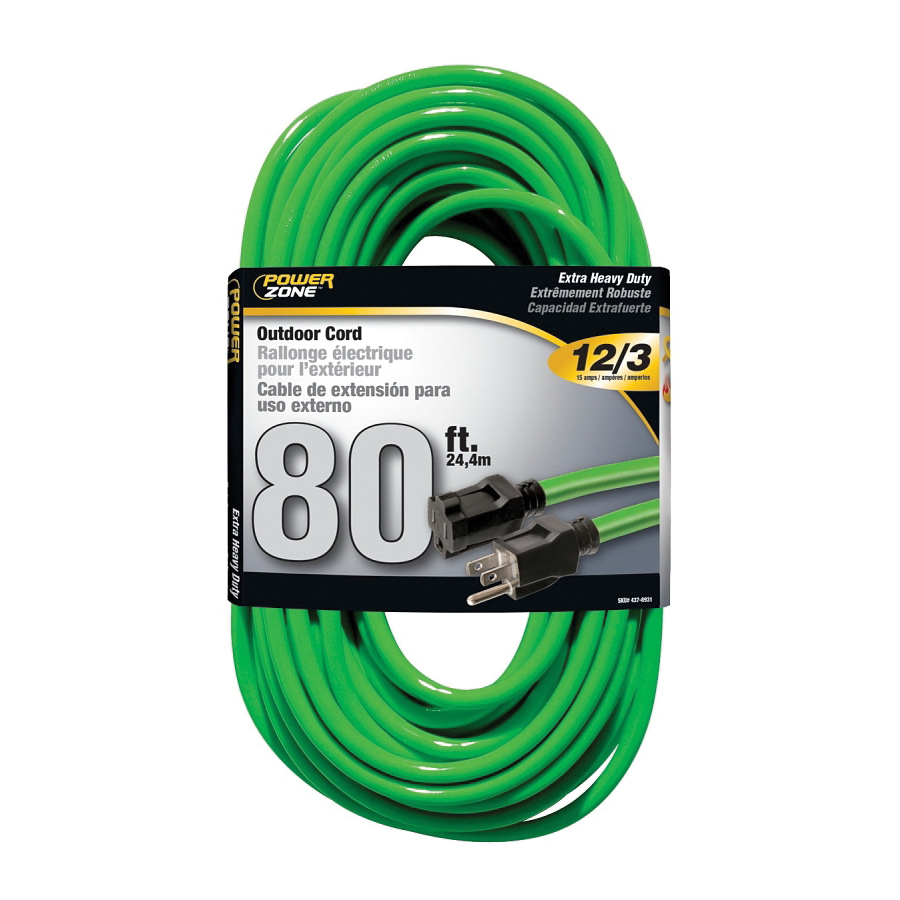 Extension Cord 12/3AWG 80ft Outdoor 15A Green