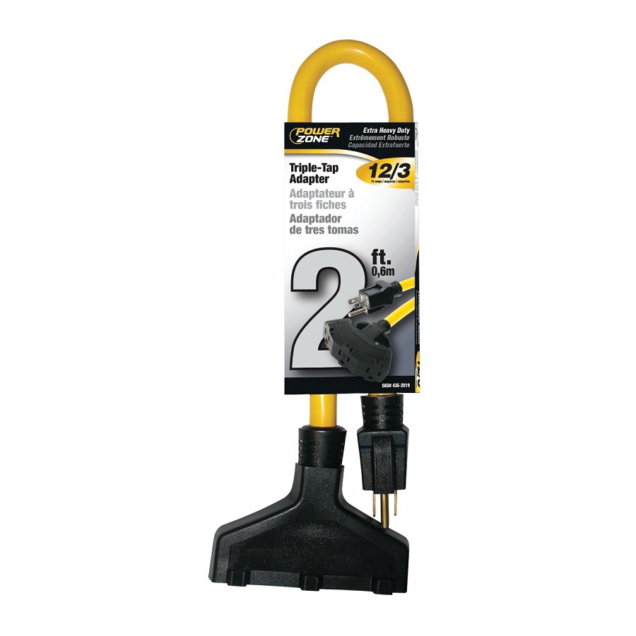 Extension Cord 12/3AWG 2ft Triple Tap 15A Yellow