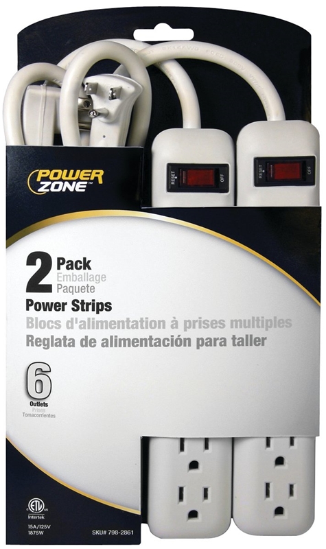 Power Strip 6 Outlet 18" 2pk 15A White