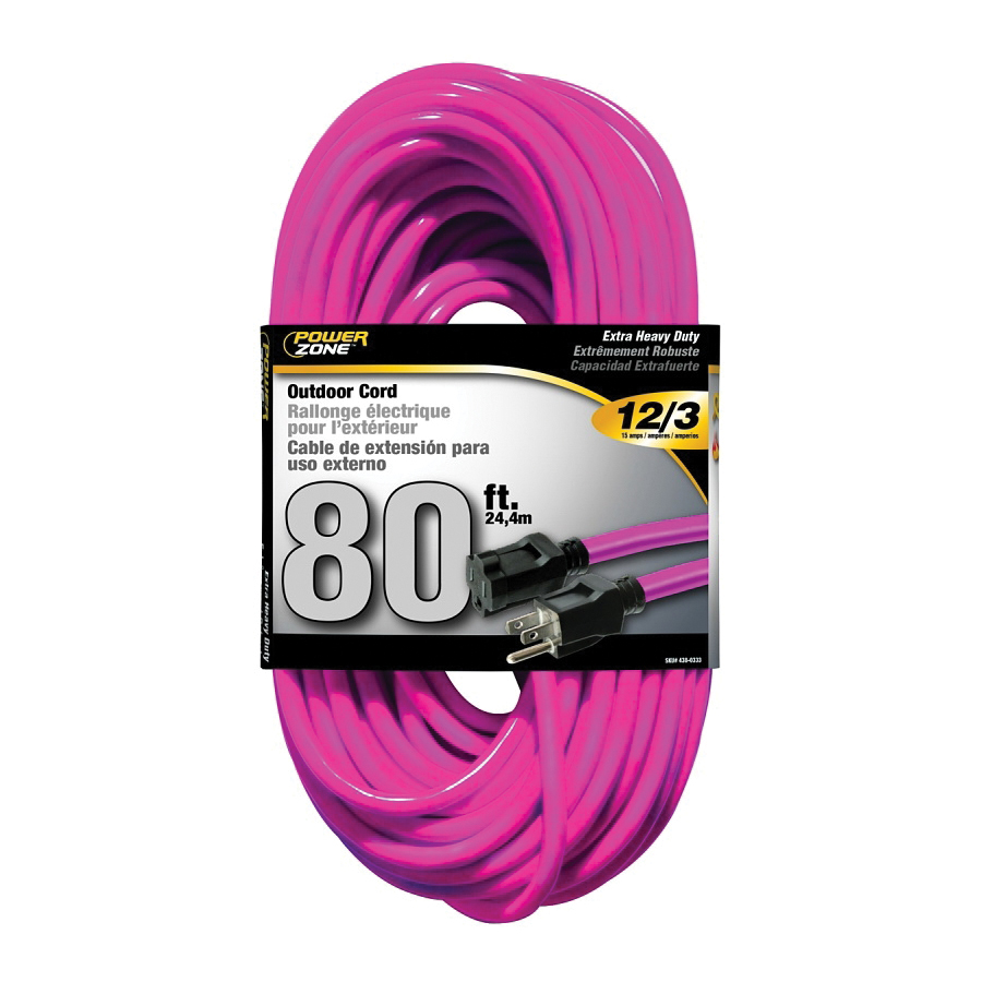 Extension Cord 12/3AWG 80ft Outdoor 15A Pink
