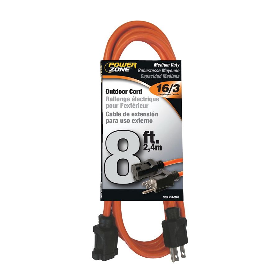 Extension Cord 16/3AWG 8ft Outdoor 13A Orange