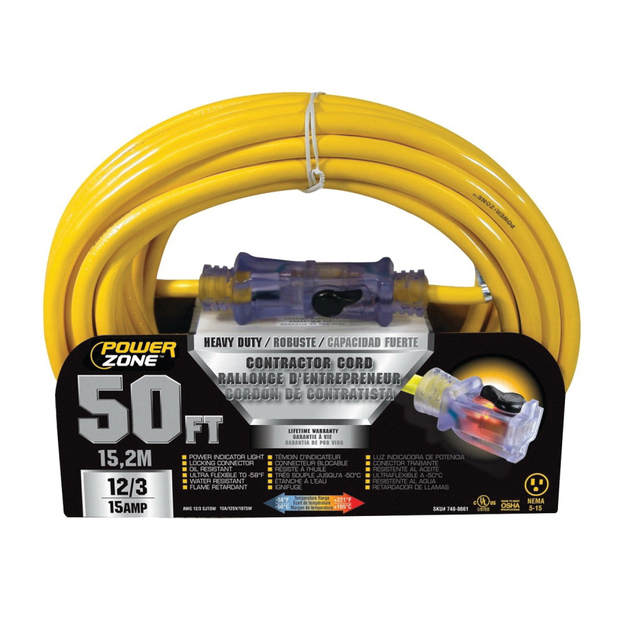 Extension Cord 12/3AWG 50ft Contractor Locking Lighted Yellow