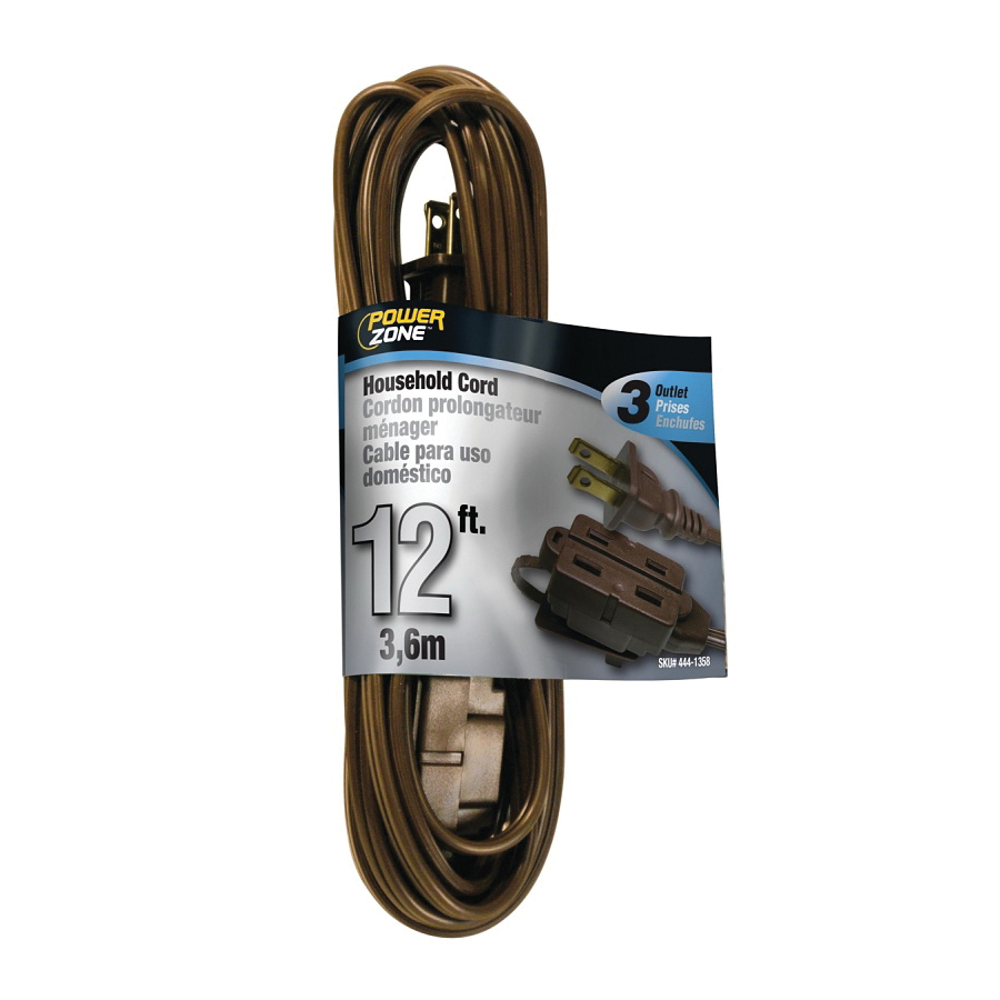 Extension Cord 16/2AWG 12ft Household Brown