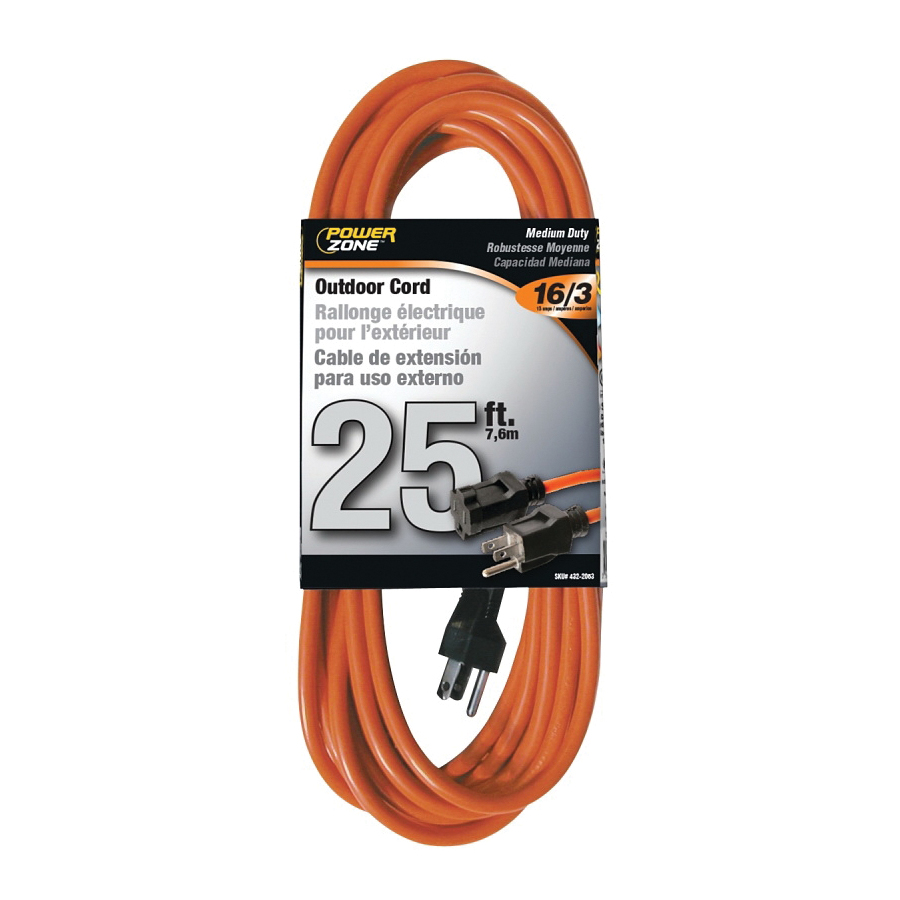 Extension Cord 16/3AWG 25ft Outdoor 10A Orange
