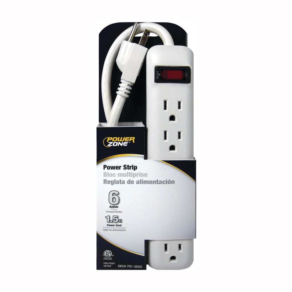 Power Strip 6 Outlet 1.5ft Cord White