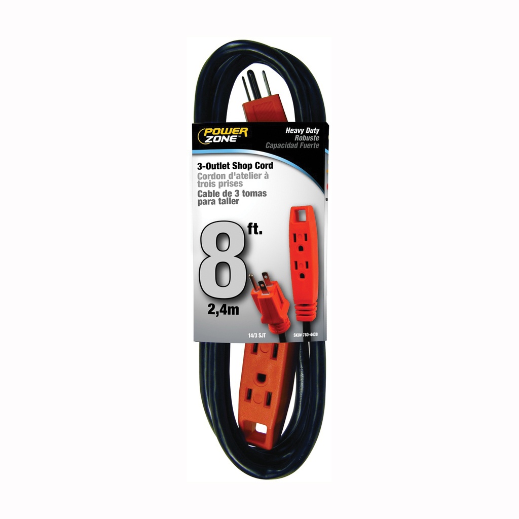 Extension Cord 14/3AWG 8ft 3-Outlet Shop Black