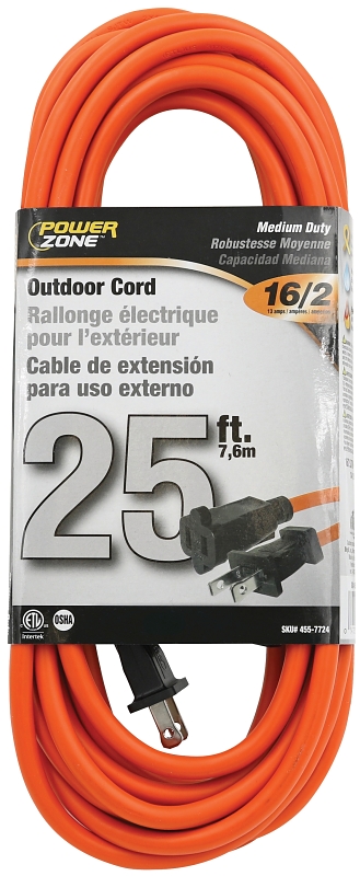 Extension Cord 16/2AWG 25ft 2-Prong Outdoor 13A Orange