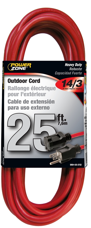 Extension Cord 14/3AWG 25ft Outdoor 15A Red