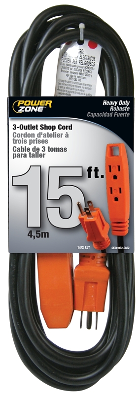 Extension Cord 14/3AWG 15ft 3-Outlet Shop 15A Black/Orange