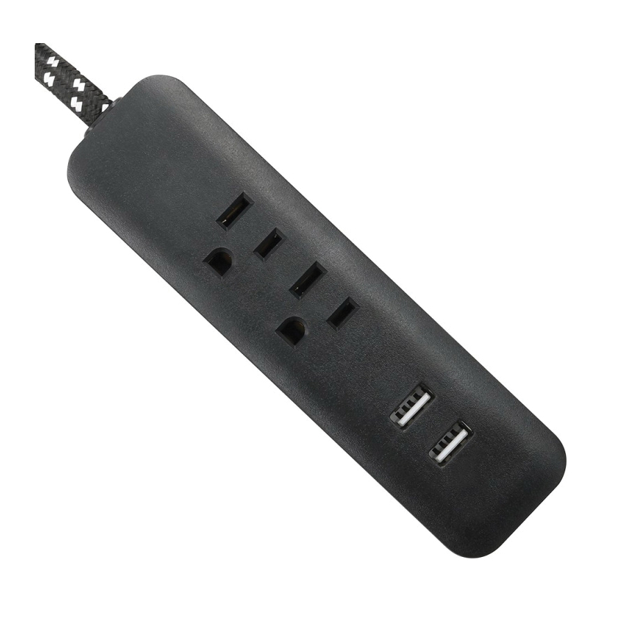 Power Strip 2-Outlet 2-USB 6ft Cord Black