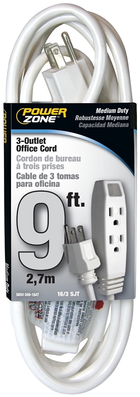 Extension Cord 16/3AWG 9ft 3-Outlet Office 13A White