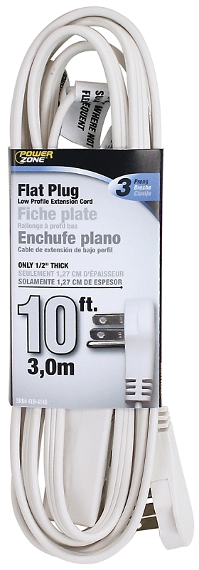 Extension Cord 16/3AWG 10ft Flat Plug 13A White