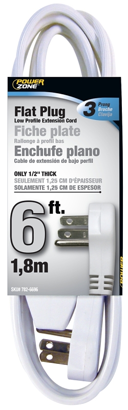 Extension Cord 16/3AWG 6ft Flat Plug 3-Prong White