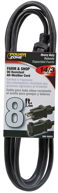 Extension Cord 14/3AWG 8ft Farm & Shop 15A Black