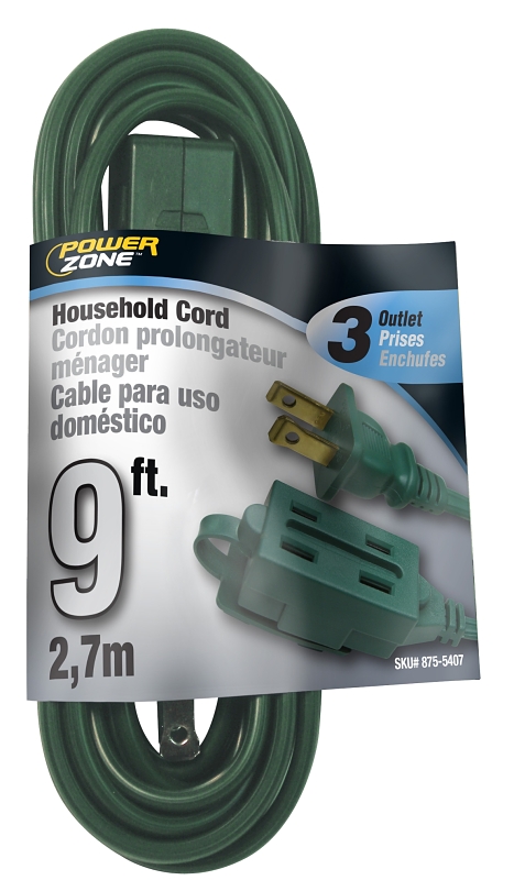Extension Cord 16/2AWG 9ft 3-Outlet Household 13A Green