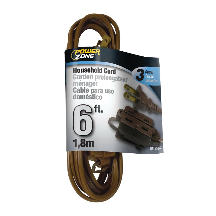Extension Cord 16/2AWG 6ft 3-Outlet Household 13A Brown