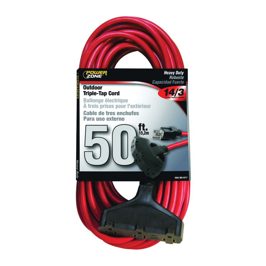 Extension Cord 14/3AWG 50ft 3-Outlet Outdoor 15A Red