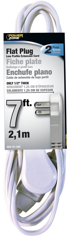 Extension Cord 16/2AWG 7ft Flat Plug 2-Prong White