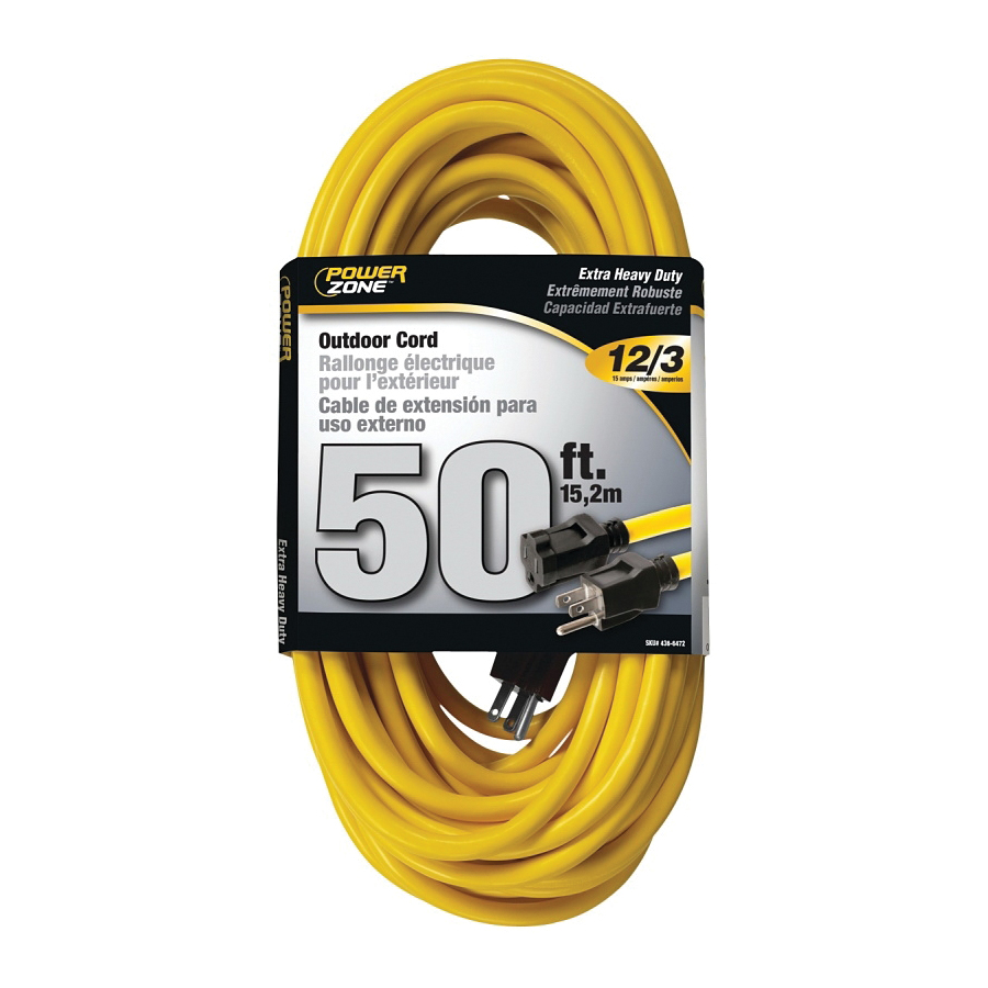 Extension Cord 12/3AWG 50ft Outdoor 15A Yellow