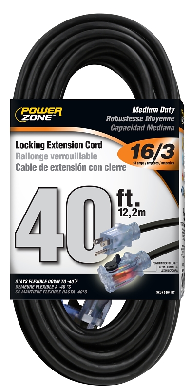 Extension Cord 16/3AWG 40ft Locking 13A Black