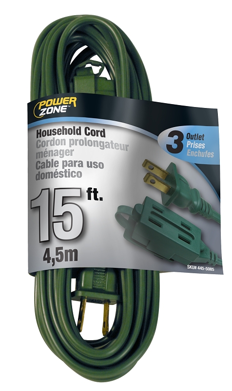 Extension Cord 16/2AWG 15ft 3-Outlet Household 13A Green