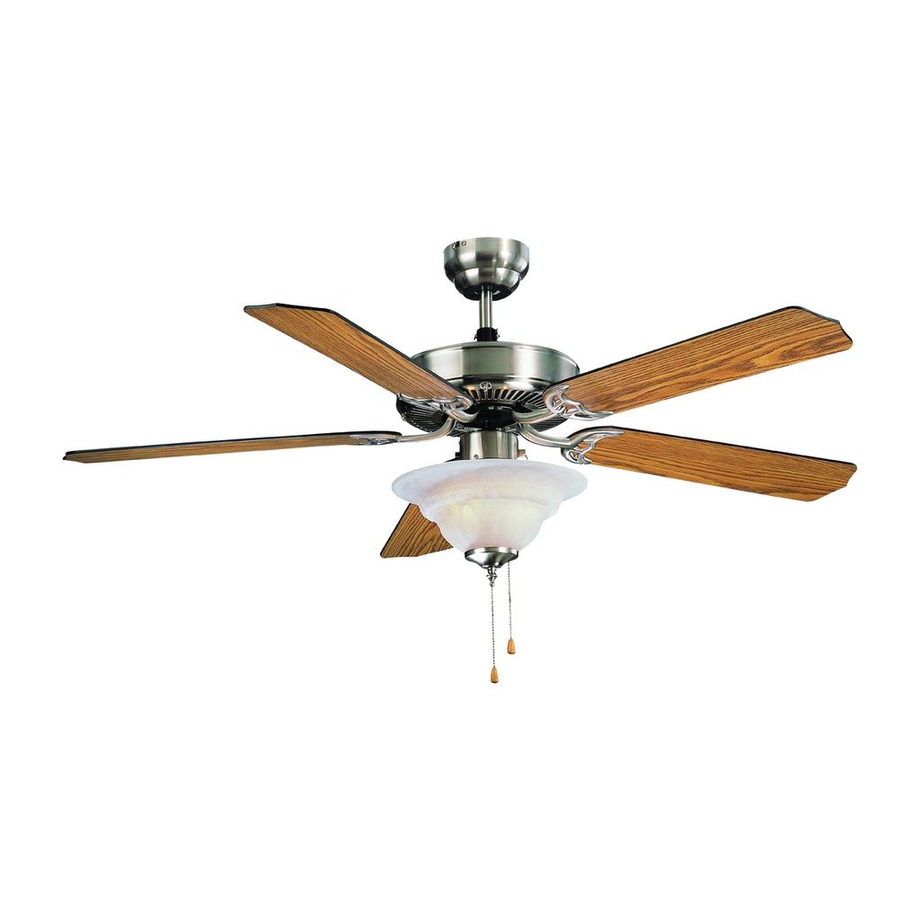 Ceiling Fan 52" Brushed Nickel 5 Oak/Black Blades 3 Speed w/Light 2 Bulb