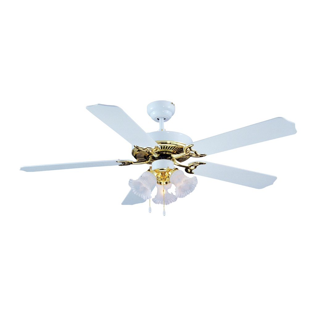 Ceiling Fan 52" White/Polished Brass 5 White/Weathered Pine Blade 3 Speed w/Light 3 Tulip Shade