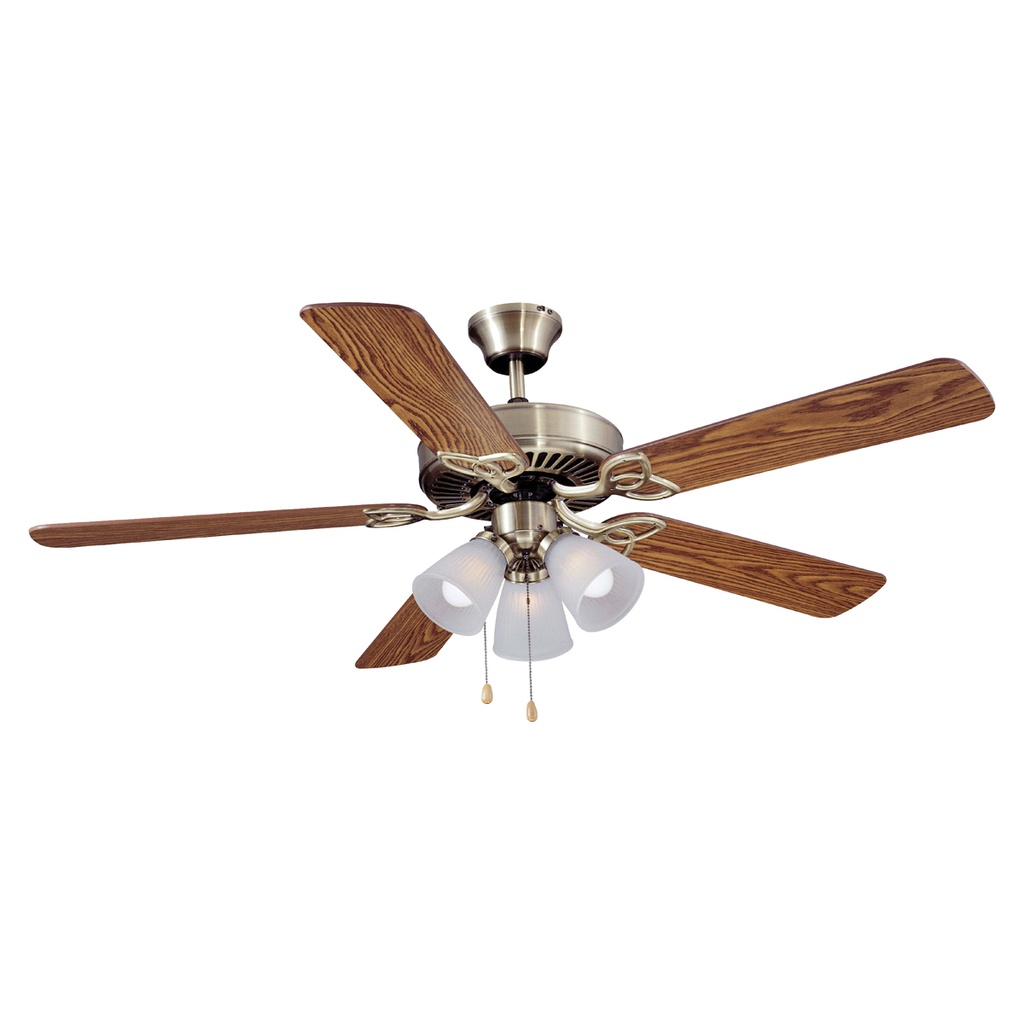 Ceiling Fan 52" Antique Brass 5 Oak/Walnut Blade 3 Speed w/Light 3 Shade