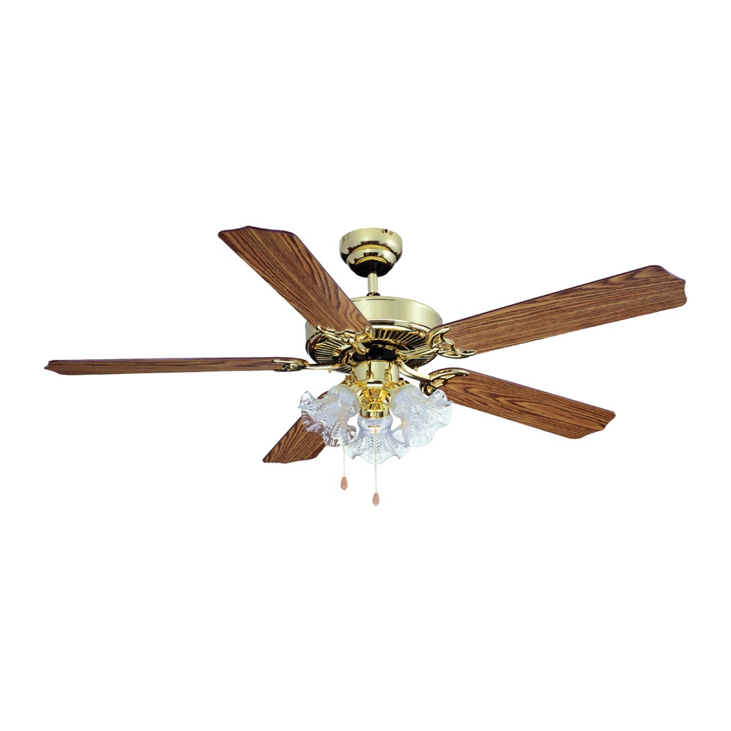 Ceiling Fan 52" Polished Brass 5 Oak/Walnut Blade 3 Speed w/Light 3 Tulip Shade