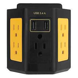 Outlet Adapter 5-Outlet 2-USB 3.4A Black/Yellow
