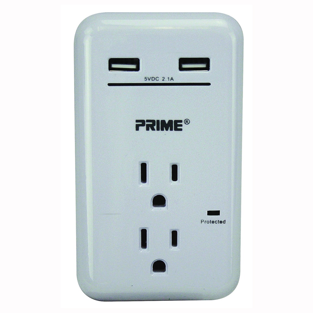 USB Charger 2-Outlet Surge Protector 450Joule 3.4A White