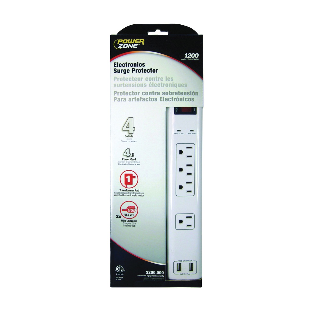 Surge Protector 4 Outlet 2 USB 1200 Joule White