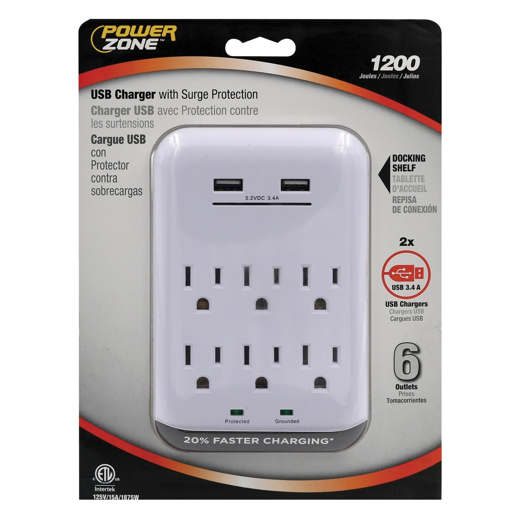 USB Charger 6-Outlet Surge Protector 1200Joule