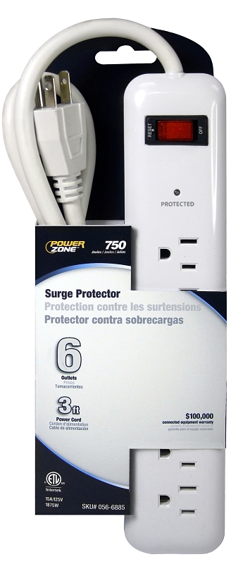 Surge Protector 750 Joules 6-Outlet 3ft White