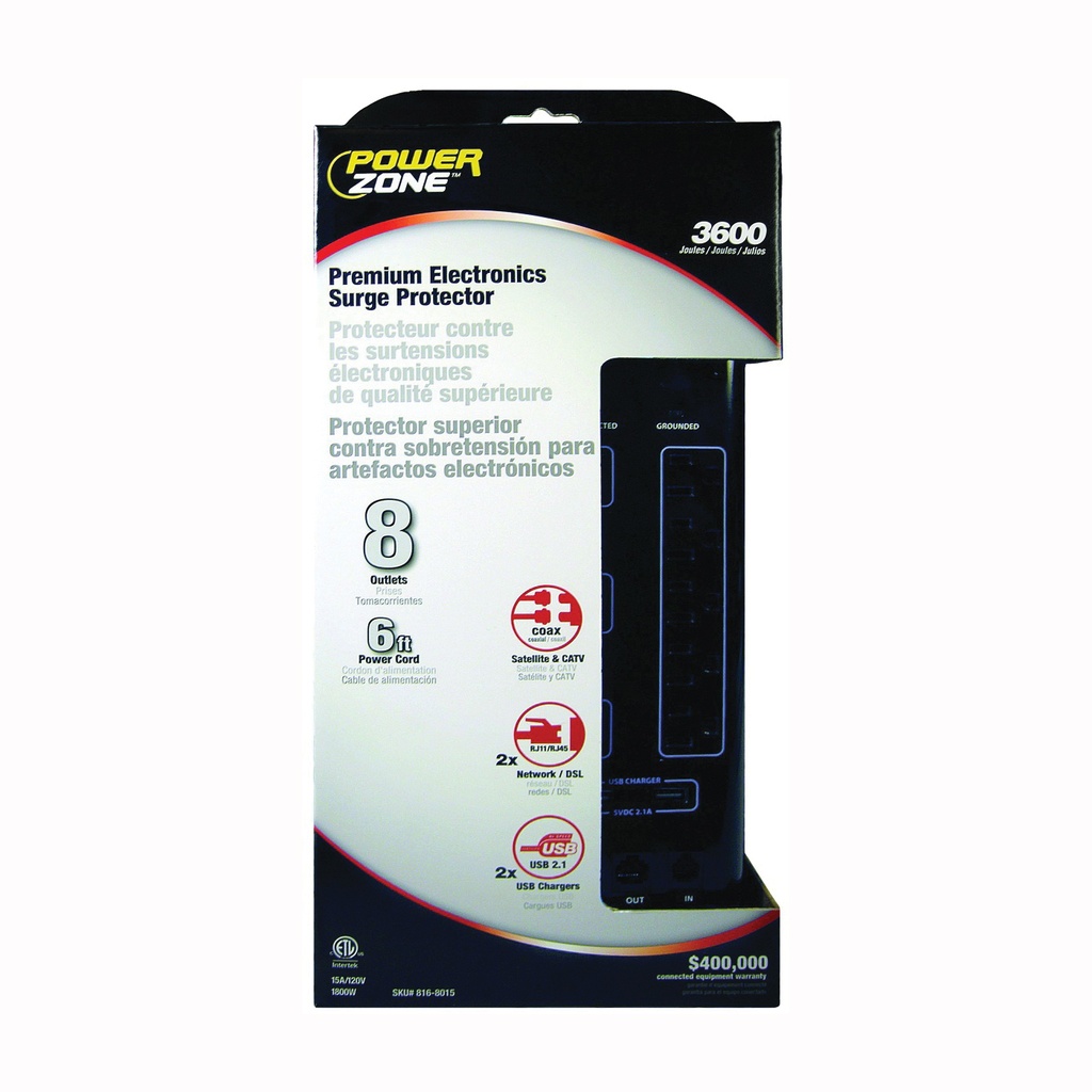 Surge Protector Strip 8 Outlet 3600 Joule Black