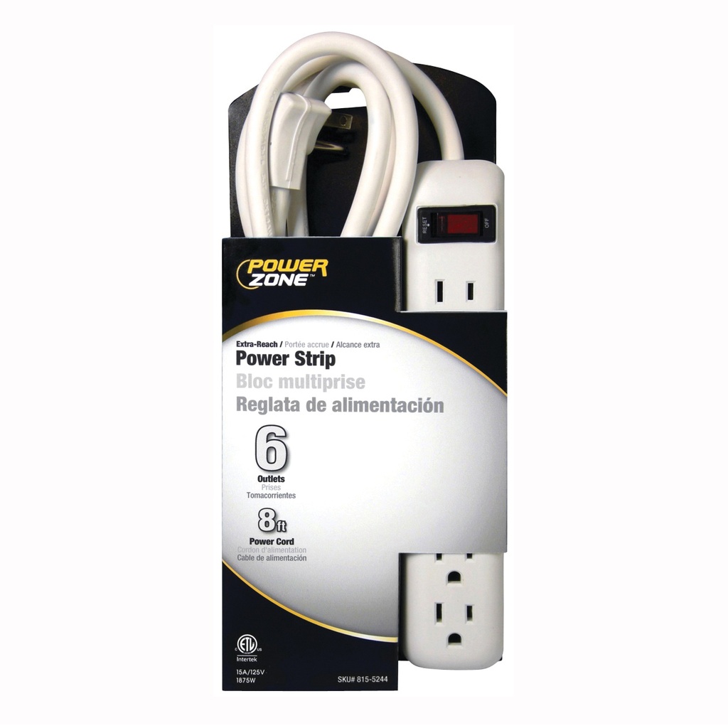 Power Strip 6 Outlet 8ft Cord White