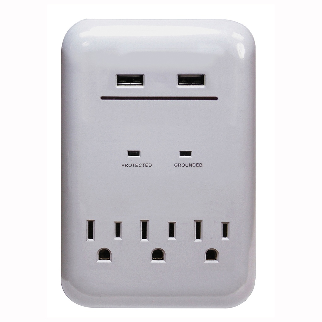 USB Charger 3-Outlet Surge Protector 950Joule 3.4A White