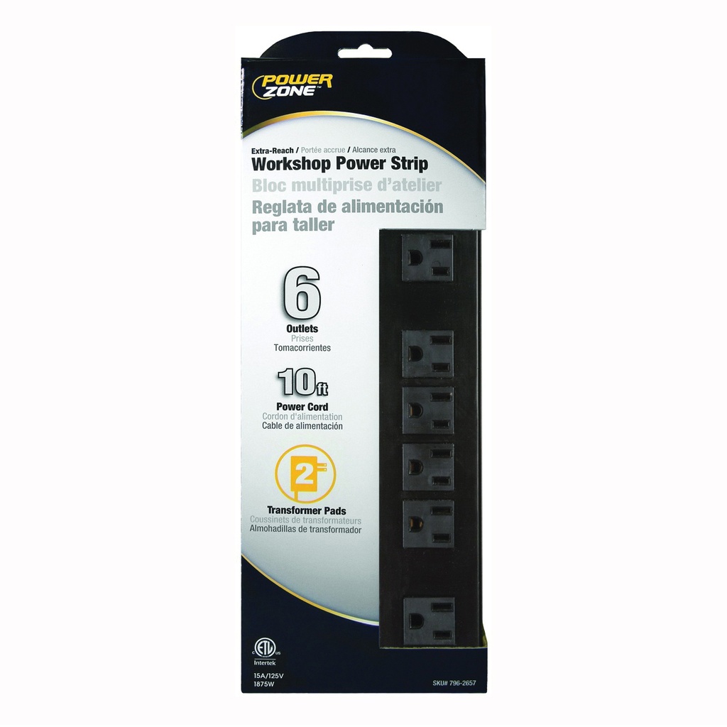 Power Strip 6 Outlet 10ft Cord Metal Black