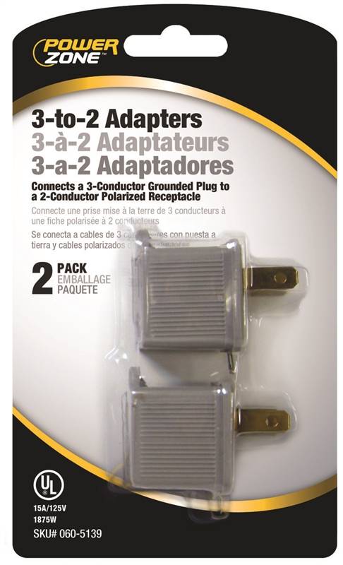 Ground Adapter 3-to-2 Gray 2pk