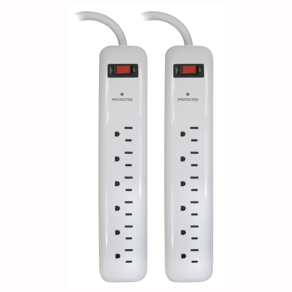 Surge Protector Strip 2pk 6 Outlet 400 Joule 1.5ft Cord White