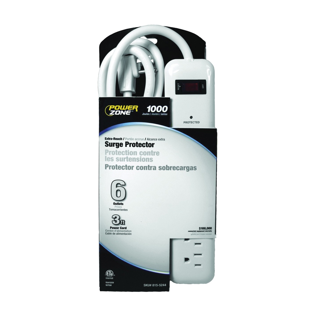 Surge Protector 6 Outlet 1000 Joule 8ft Cord White