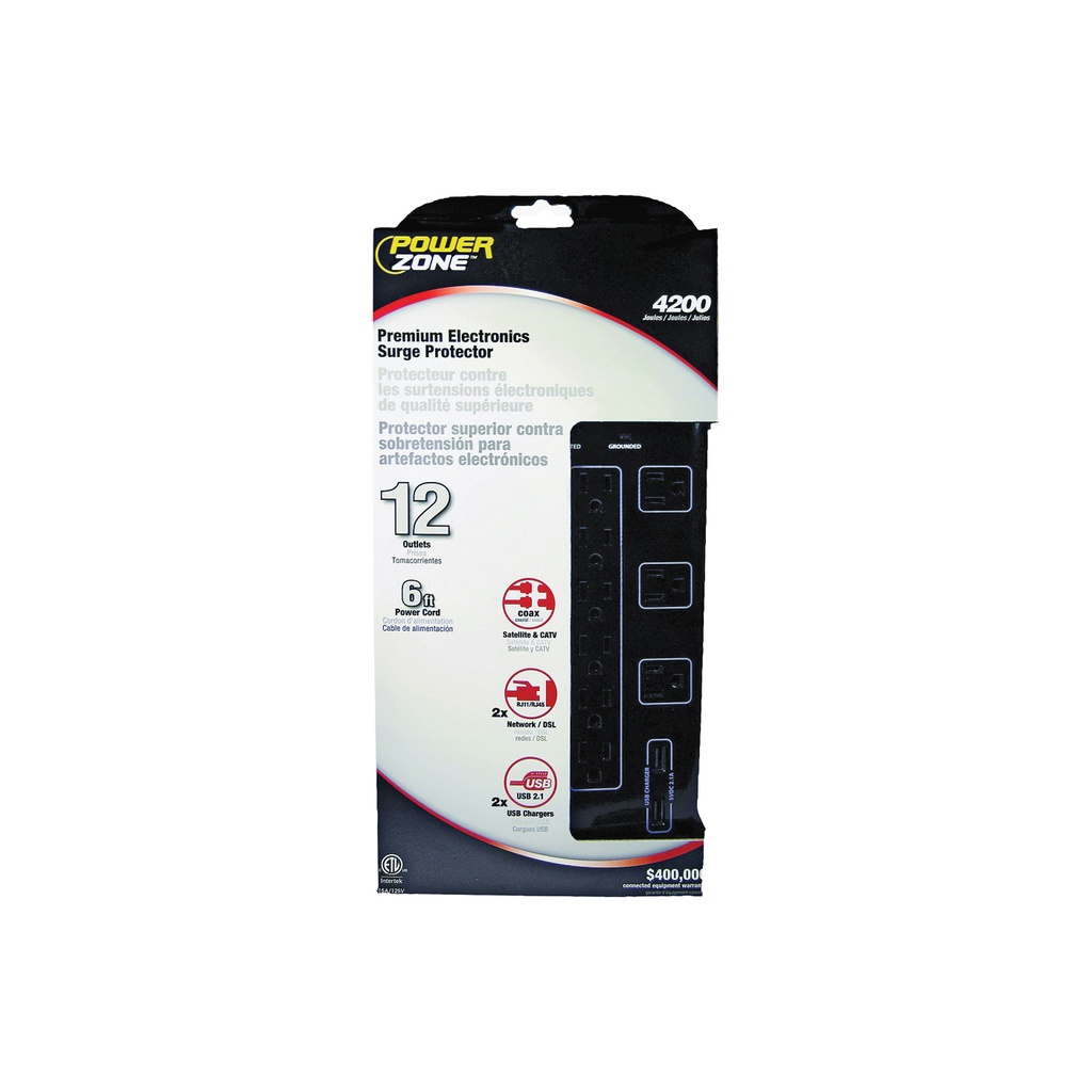 Surge Protector Strip 12 Outlet 4200 Joule 6ft Cord Black
