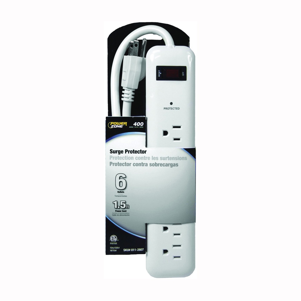 Surge Protector Strip 6 Outlet 1.5ft Cord White