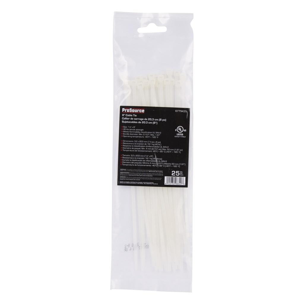 Cable Tie Clear 8" 40lb PK25