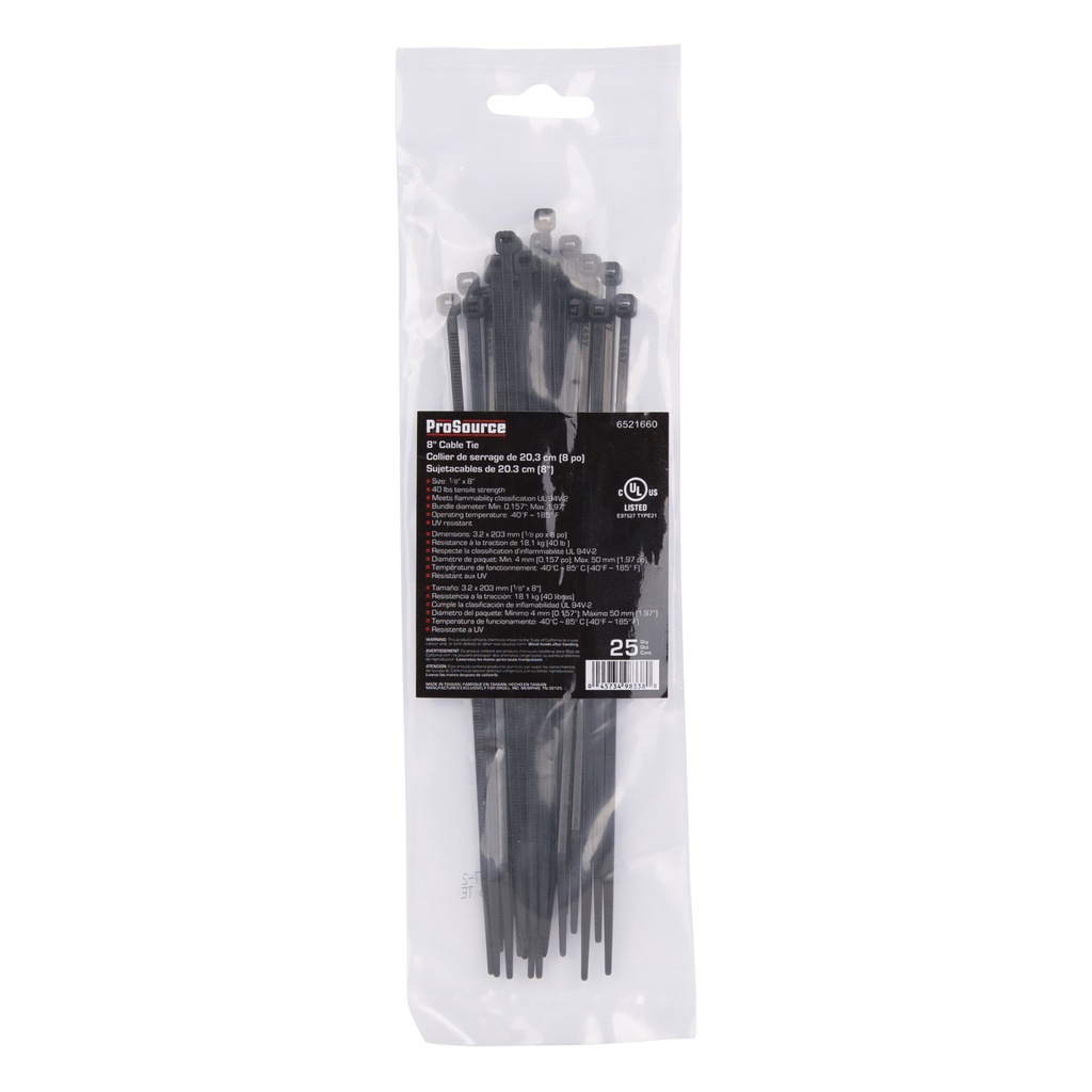 Cable Tie Black 8" 40lb PK25